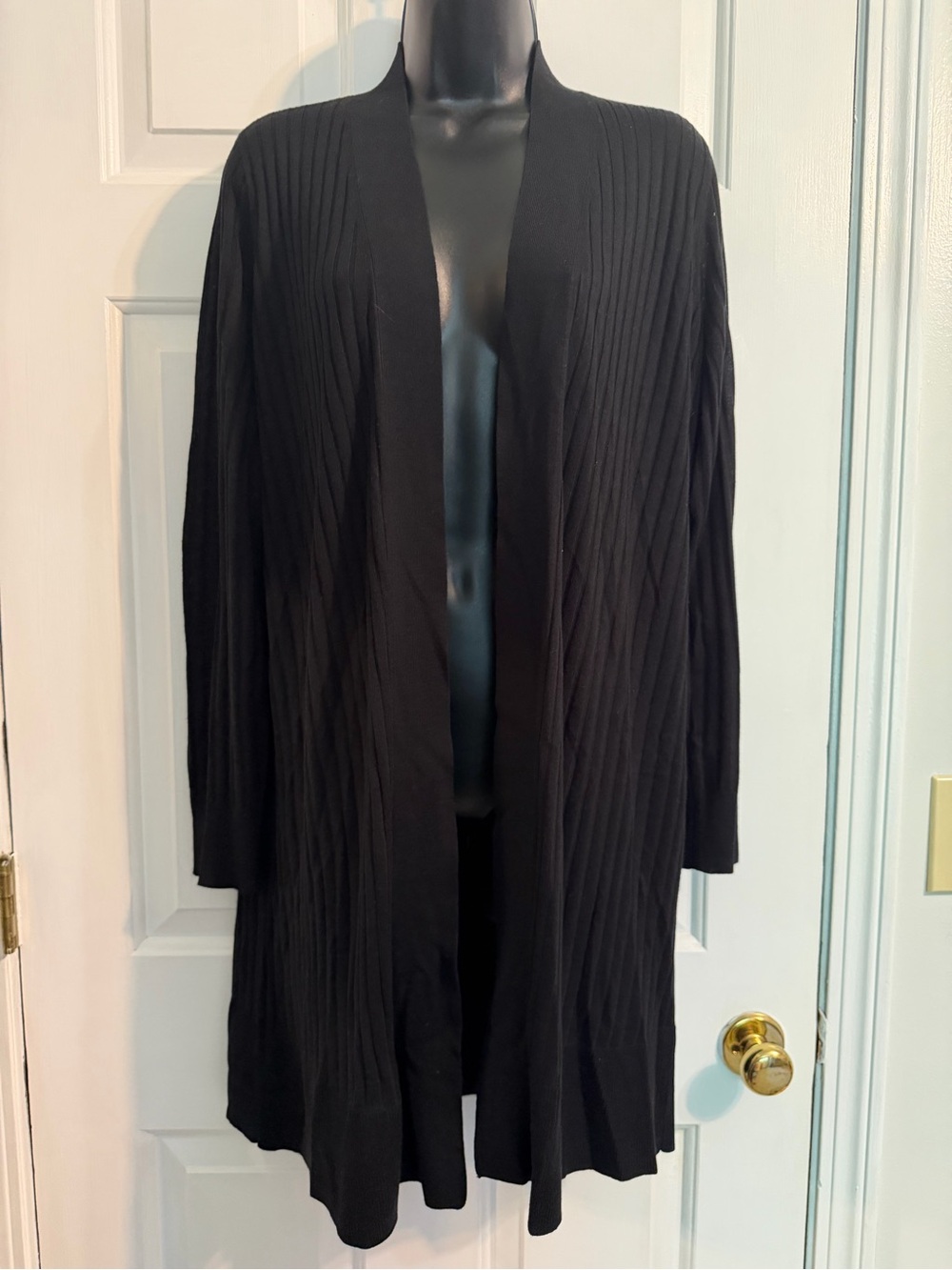 LOFT Black Long Open-Front Ribbed Cardigan